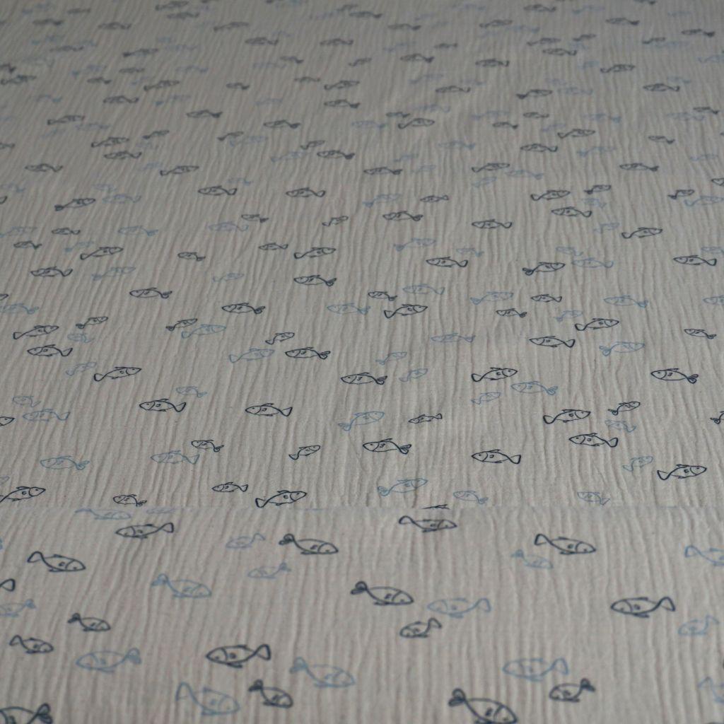 Preview: Musselin Double Gauze Fische auf kittbeige